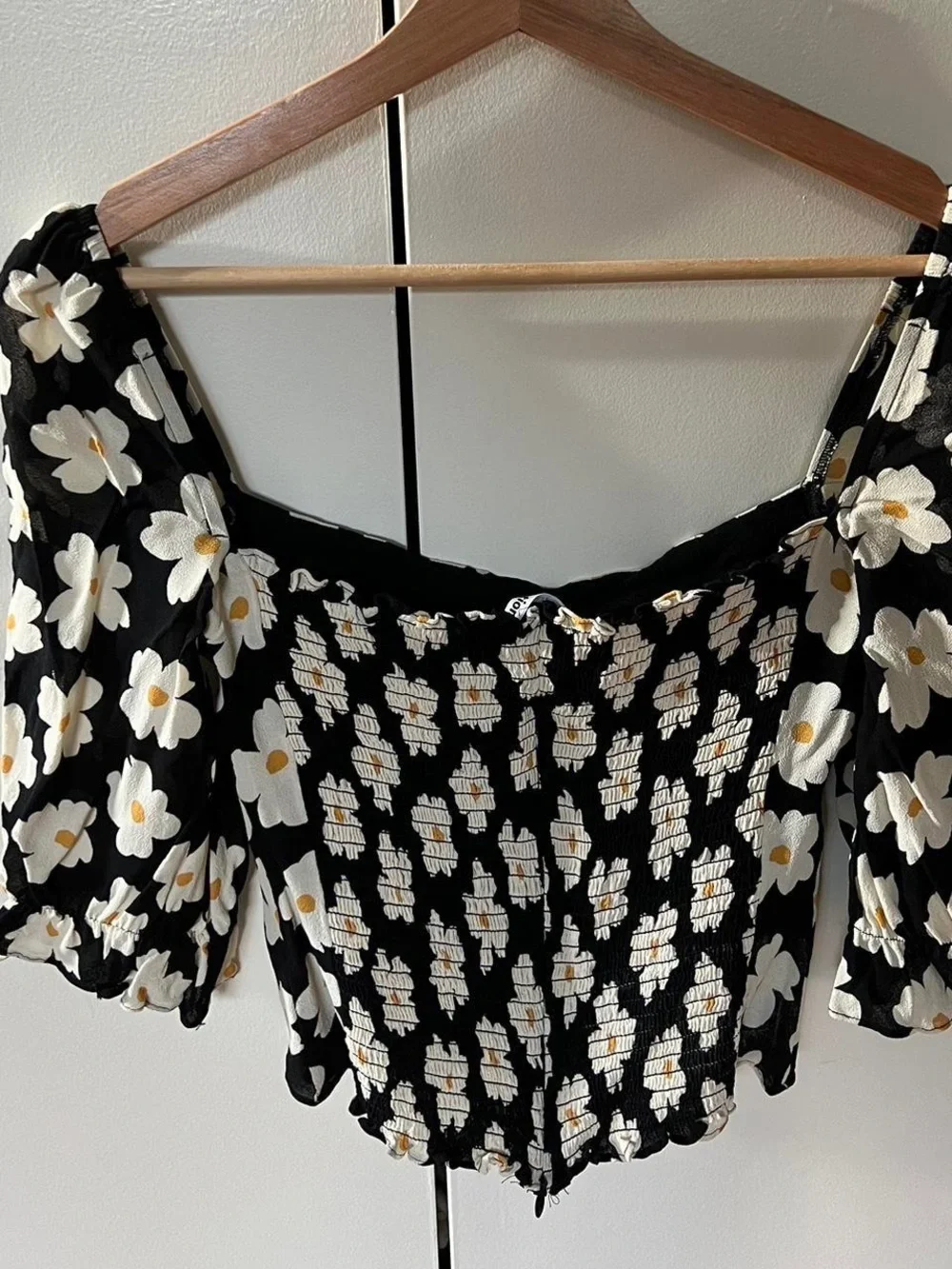 Reformation Black Daisy Puff-Sleeve Crop Top